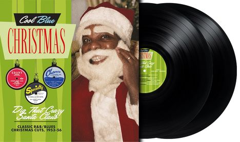 Cover mit "Cool Blue Christmas" und "Dig That Crazy Santa Claus!" Text. Ein lächelnder Mensch in einem roten Weihnachtsmannkostüm.