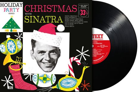 "Christmas with Sinatra" steht in großen Buchstaben oben. Darunter ein Schwarz-Weiß-Foto eines Mannes mit Weihnachtsmütze.