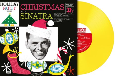 "Christmas with Sinatra", bunte Retro-Grafiken mit Weihnachtsbaum, Geschenk und Trompete, gelbe Schallplatte.