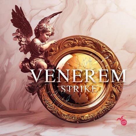 „VENERÉM STRIKE“ steht über einem zerbrochenen goldenen Rahmen. Ein Engel sitzt links oben auf dem Rahmen.