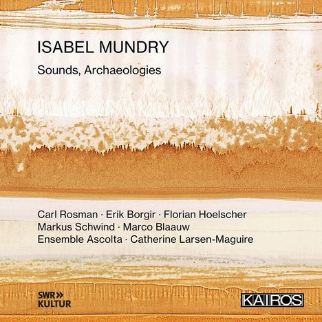 Titel: "ISABEL MUNDRY. Sounds, Archaeologies". Namen: Carl Rosman, Erik Borgir, Florian Hoelscher, u.a. Beige Textur im Hintergrund.
