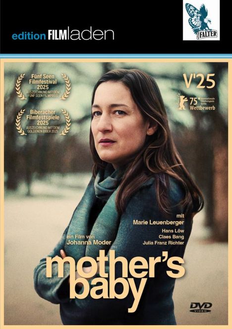 "edition FILMladen", "Fünf Seen Filmfestival 2025", "Biberacher Filmfestspiele 2025", "mother's baby". Frau in Winterkleidung.