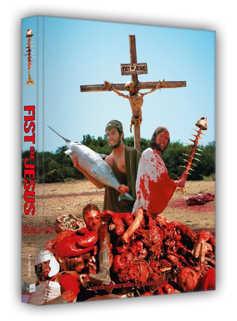 "FIST of JESUS" steht über einem gekreuzigten Mann. Zwei Männer halten einen Fisch und einen blutigen Knochen.