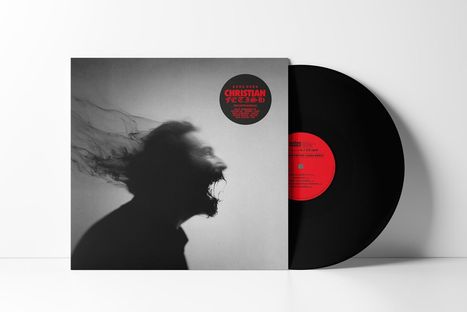 "AURA NERA CHRISTIAN FETISH" in rotem Text, Silhouette eines schreienden Mannes, dunkler Hintergrund.