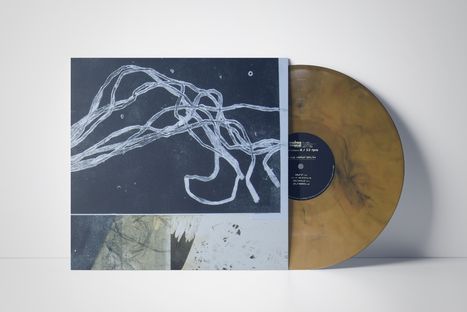 Seite A / 33 rpm. Illustration mit weißen Linien auf dunklem Hintergrund und eine Platte in marmoriertem Goldton.