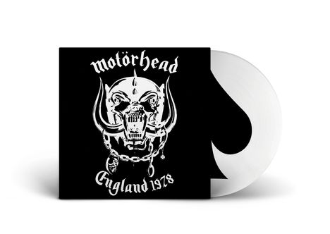 „Motörhead“, „England 1978“, schwarzes Cover, weißer Totenkopf mit Stoßzähnen, Vinyl in Herzform.
