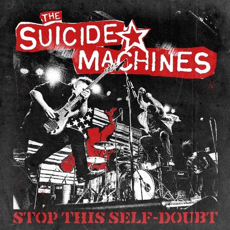 "The Suicide Machines" und "Stop This Self-Doubt" in auffälligem Stil. Eine Band springt energiegeladen auf der Bühne.