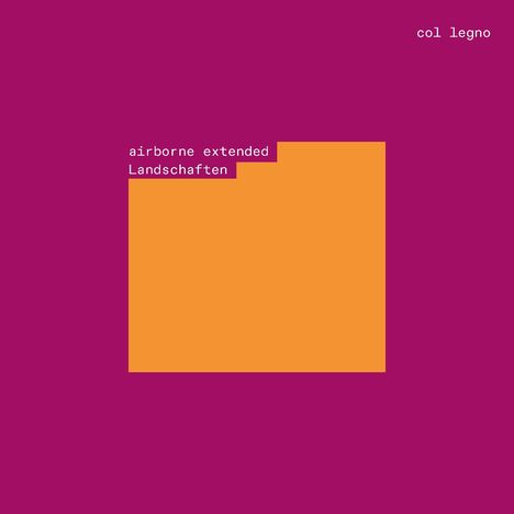 Text: "col legno", "airborne extended Landschaften". Lila Hintergrund mit orangefarbenem Rechteck.