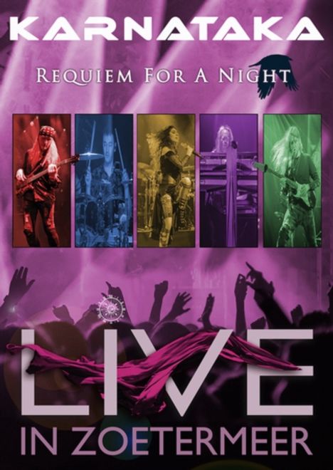 Text: "Karnataka Requiem For A Night", "Live in Zoetermeer". Oben Fotos von Musikern, unten Silhouetten von jubelnden Fans.