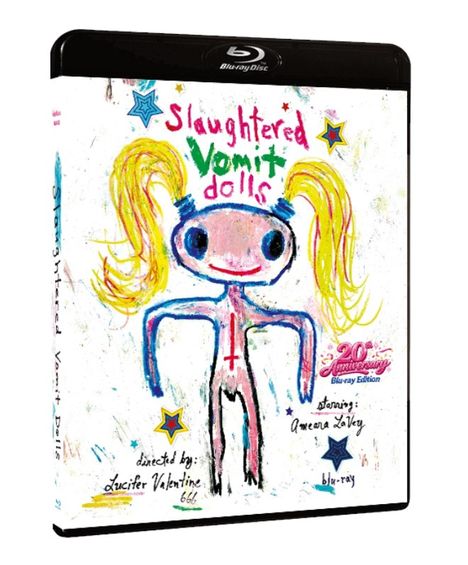 "Slaughtered Vomit Dolls" steht groß auf einer bunten Zeichnung mit einer figurativen Person mit gelbem Haar und blauen Umrissen.