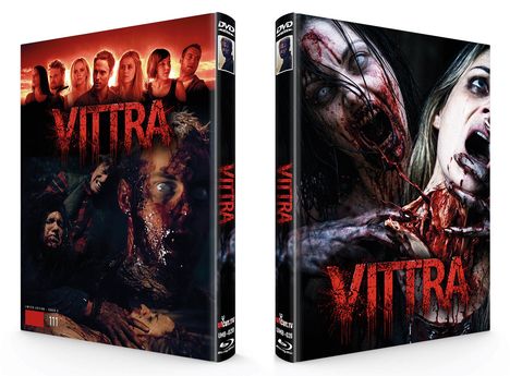 "VITTRA" in roter, tropfender Schrift. Zwei DVD-Hüllen zeigen blutige, erschreckende Gesichter und Szenen.