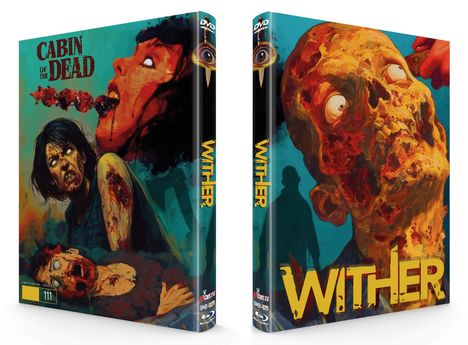 "DIE HÜTTE DER TOTEN", Links: Zombie-Frauen; Rechts: verwestes Gesicht, Silhouette im Hintergrund.