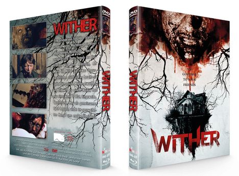 DVD-Hülle von "Wither". Text: "Say goodbye to your friends." Rotes Logo, grausige Bilder, bedrohliche Bäume.