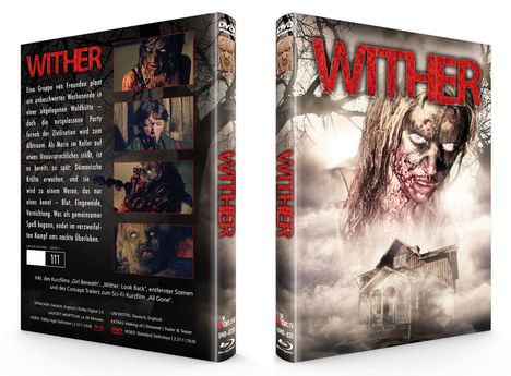 "WITHER" in roter Schrift, bedrohliche Frau mit blutigem Gesicht, abgelegenes Haus in Nebel, drei gruselige Filmszenen.