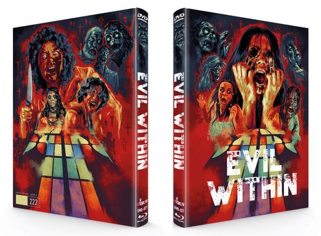 "Evil Within" steht in weißer Schrift. Illustration von zombieähnlichen Gesichtern und schreienden, verängstigten Personen.