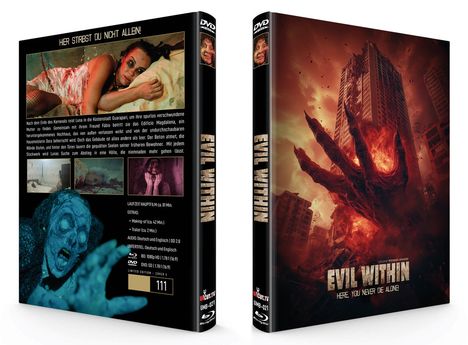 DVD-Hülle: Horrorfilm-Design. Titel: "Evil Within". Eine große, feurige Hand greift nach einem Hochhaus.