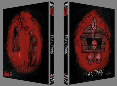"FEAR CABIN" steht in schauriger Schrift auf einer DVD-Hülle mit düsteren Zeichnungen von Totenköpfen und einer Hütte.
