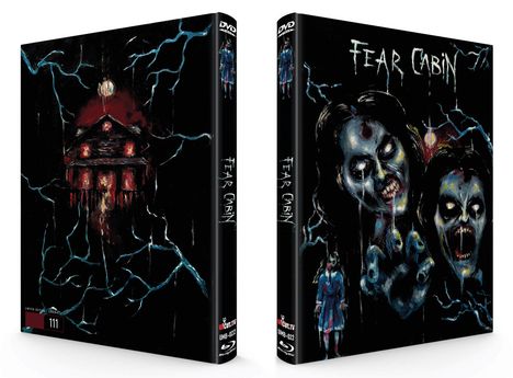Text: "Fear Cabin". Eine unheimliche Hütte und zwei gespenstische Gesichter in dunklen Farben, blauer Blitz im Hintergrund.
