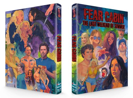 "Fear Cabin: The Last Weekend of Summer" steht in großen roten Buchstaben. Eine bunte Illustration zeigt besorgte Menschen.