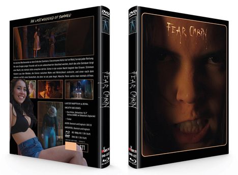 "Fear Cabin" auf DVD. Eine Hütte im Wald, Dunkelheit und Flucht. Bilder von Gesichtern in Angst und bedrohliche Szenen.