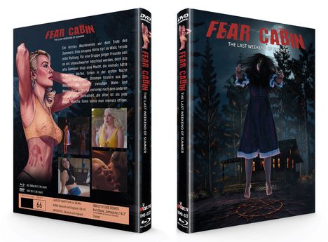 „Fear Cabin: The Last Weekend of Summer“. Eine Frau im Wald, gruselige Stimmung. Rückseite: Bilder einer Frau.