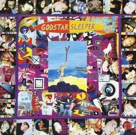 Text "GODSTAR SLEEPER". Ein buntes, collageartiges Design mit Menschenfotos und einer zentralen Strand-Szene.