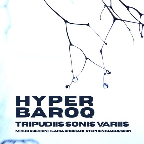 "HYPER BAROQ TRIPUDIIS SONIS VARIIS", darunter Künstlernamen. Feine Äste mit Wassertropfen auf weißem Hintergrund.