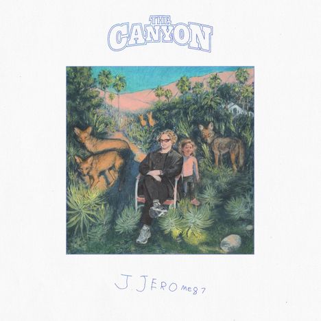 "The Canyon" oben, "J. Jero Me 87" unten. Illustration: Zwei Personen sitzen in einer grünen Landschaft mit Tieren.