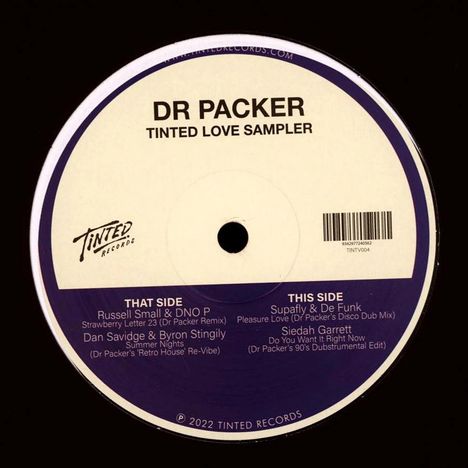 Text: DR PACKER, TINTED LOVE SAMPLER, Tinted Records. Links Songliste "THAT SIDE", rechts "THIS SIDE". Schwarze Platte.