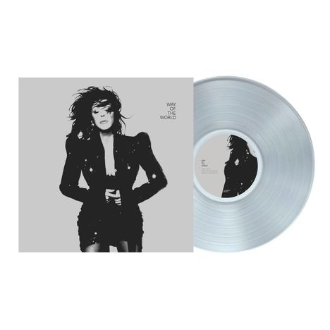 „WAY OF THE WORLD“ ist auf einem Albumcover mit einer stilvollen Frau in Schwarz-Weiß und einer silbernen Schallplatte.