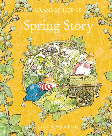„Brambly Hedge Spring Story“ steht in weißer Schrift auf gelbem Hintergrund mit blühenden Zweigen und zwei Mäusen mit Karren.