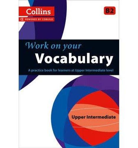 Text: "Work on your Vocabulary", "Upper Intermediate", "Collins", "B2". Illustration mit bunten, überlappenden Kreisen.