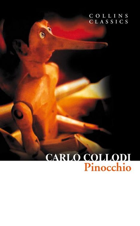 „Collins Classics“, „Carlo Collodi: Pinocchio“. Illustration von Pinocchio, einer Holzpuppe mit langer Nase und großen Augen.