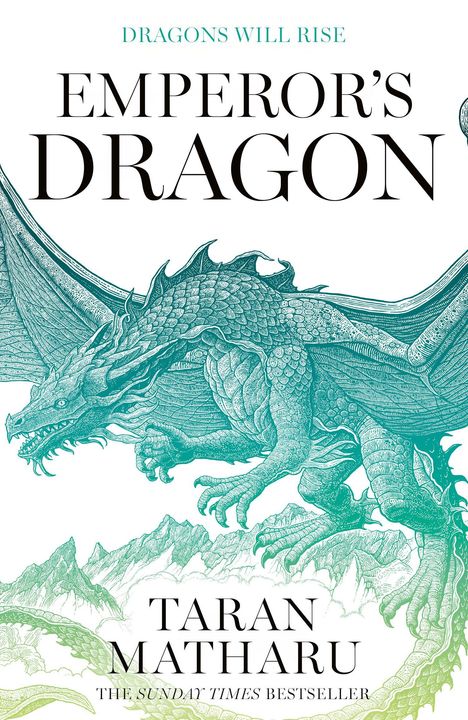 "DRAGONS WILL RISE" und "EMPEROR'S DRAGON" in Großbuchstaben, grüne Drachenillustration mit Flügeln.