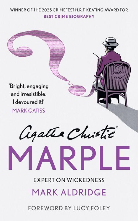 Gewinner des 2025 Crimefest H.R.F. Keating Award. Agatha Christie, Marple, Illustration einer Person im Stuhl.
