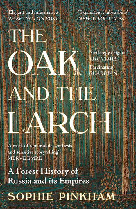 „The Oak and the Larch“ von Sophie Pinkham, Waldillustration mit hohen, schlanken Bäumen.