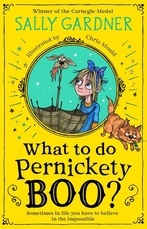 „What to do Pernickety Boo?“ Illustration mit Mädchen, dem Hund im Regenschirm und Katze auf gelbem Hintergrund.