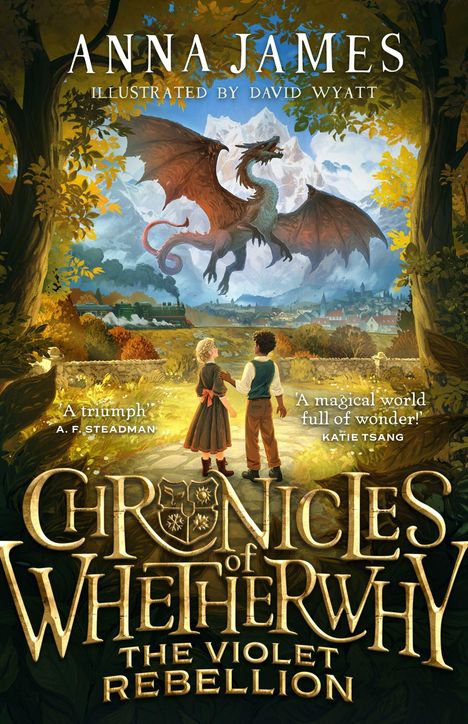 "Chronicles of Whetherwhy: The Violet Rebellion" von Anna James. Kinder blicken zu einem fliegenden Drachen über einer Stadt.