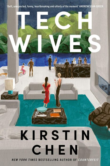 „Tech Wives“ von Kirstin Chen. Menschen in einer modernen, luxuriösen Umgebung mit Garten und Pool.