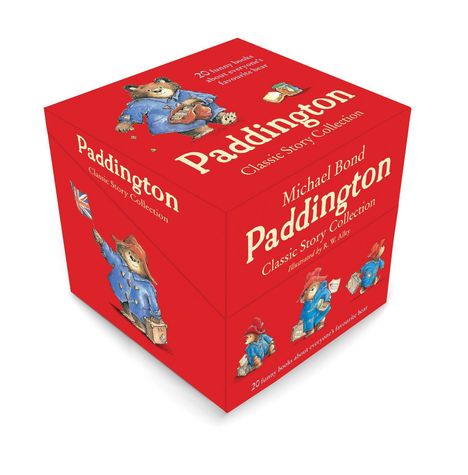 "Paddington Classic Story Collection" steht auf einer roten Box. Illustrationen von einem Bär in blauem Mantel und rotem Hut.