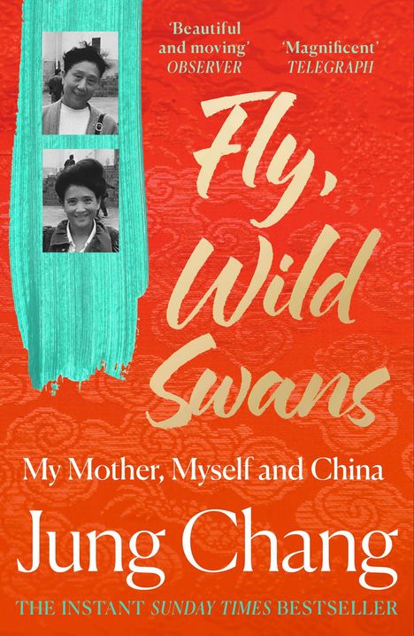 „Fly, Wild Swans“, „My Mother, Myself and China“. Zwei Porträts von Frauen, roter Hintergrund, türkises Element.