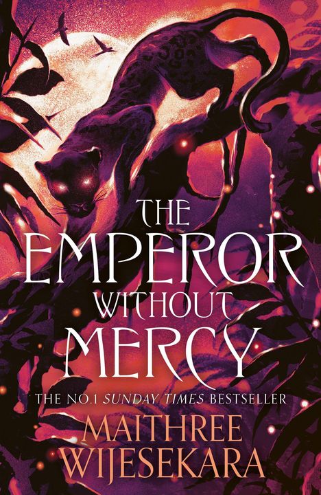"THE EMPEROR WITHOUT MERCY" von Maithree Wijesekara. Illustration zeigt einen Panther auf einem Ast vor einem hellen Mond.