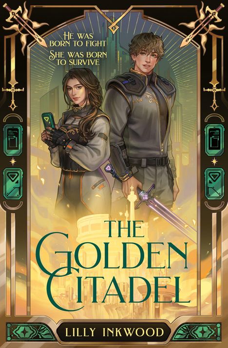 "He was born to fight. She was born to survive. The Golden Citadel. Lilly Inkwood." 

Science-Fiction Illustration mit zwei Personen.