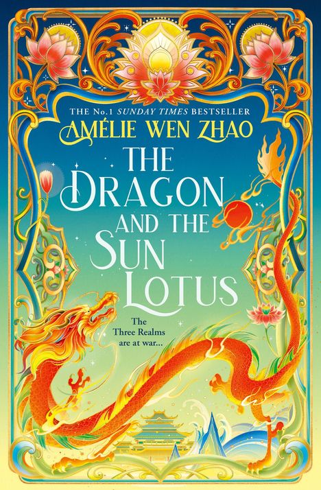 Der Text lautet: "The Dragon and the Sun Lotus. The Three Realms are at war." Goldener Drache und Lotosblüte.