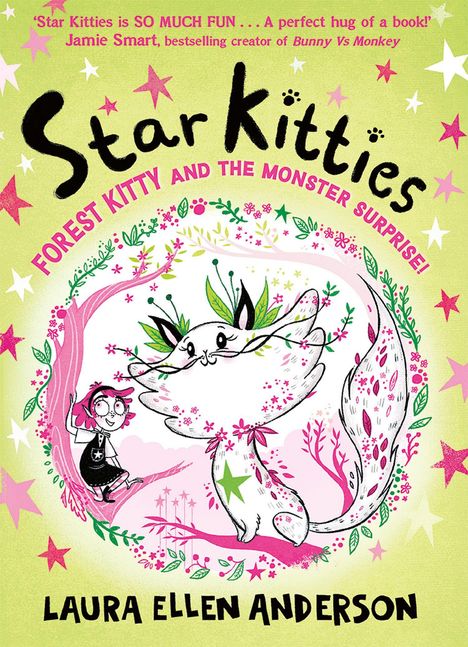 „Star Kitties“: „Forest Kitty and the Monster Surprise!“. Illustration eines großen, fröhlichen Kätzchens mit einem Kind.