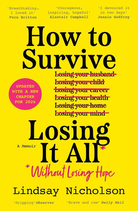 Titel: "How to Survive Losing It All Without Losing Hope". Gelb, mit durchgestrichenen Worten und rosa Details.