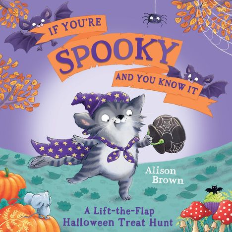 "IF YOU'RE SPOOKY AND YOU KNOW IT" steht auf orangen Bannern. Szene mit einer Katze im Zauberer-Outfit und herbstlicher Deko.