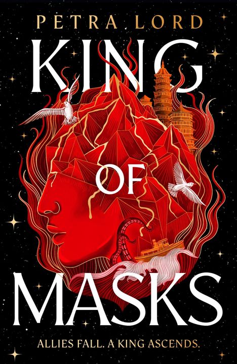 KING OF MASKS. Allies fall. A king ascends. Rotes Gesicht mit Bergen, Pagoden; schwimmende Vögel im Hintergrund.