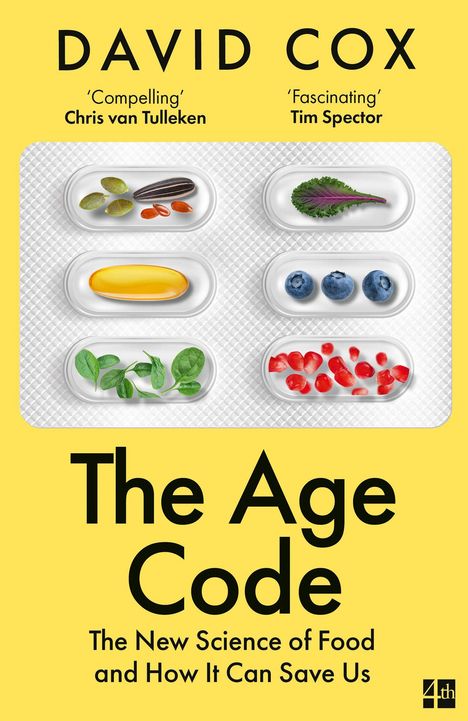 Text: "David Cox. 'Compelling' Chris van Tulleken. 'Fascinating' Tim Spector. The Age Code: The New Science of Food and How It Can Save Us."

Beschreibung: Tablettenverpackung mit Lebensmitteln als Inhalt.