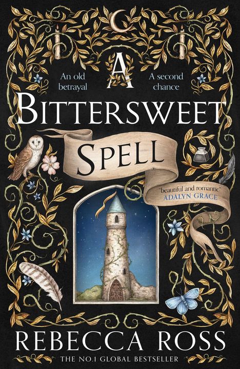 "A BITTERSWEET SPELL" von Rebecca Ross, "FINAL COVER TO BE REVEALED". Schwarzer Hintergrund, weiße Schrift, Magpie-Logo.
